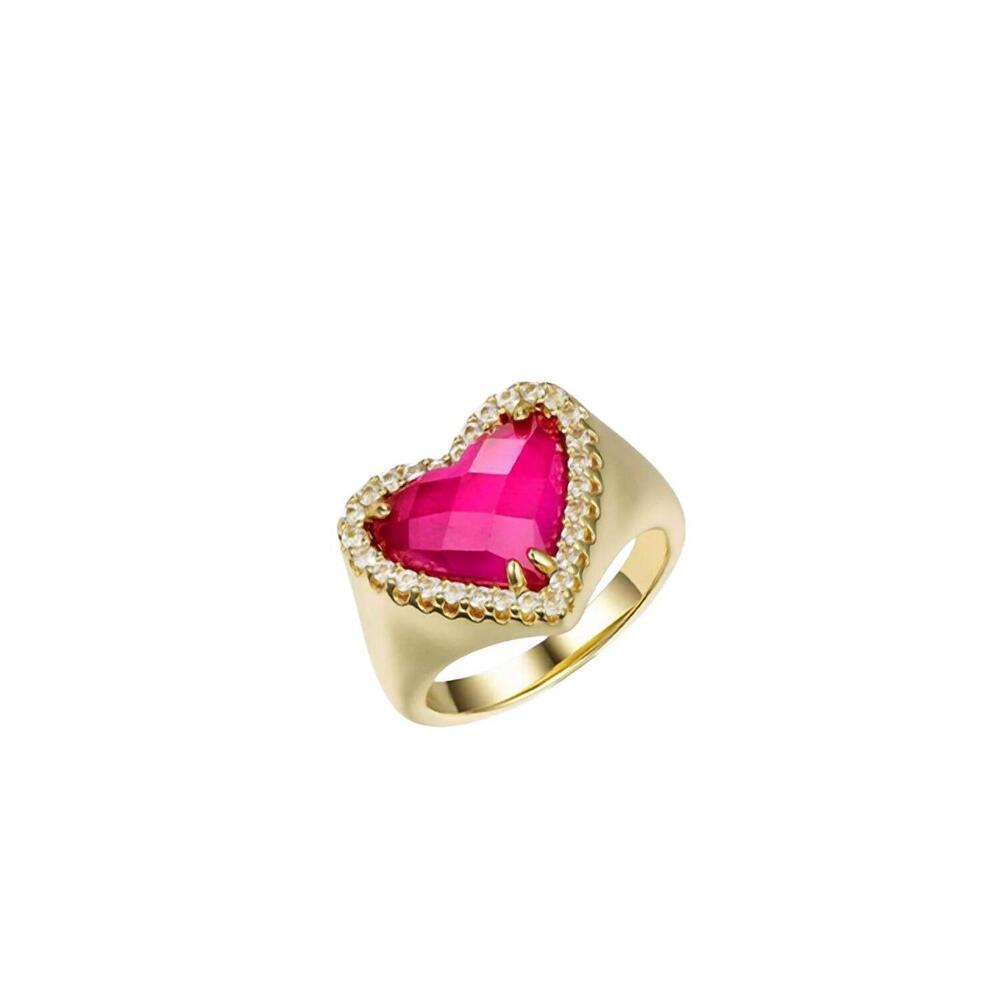 NEW F+H STUDIOS whitney gemstone heart signet ring in gold/pink